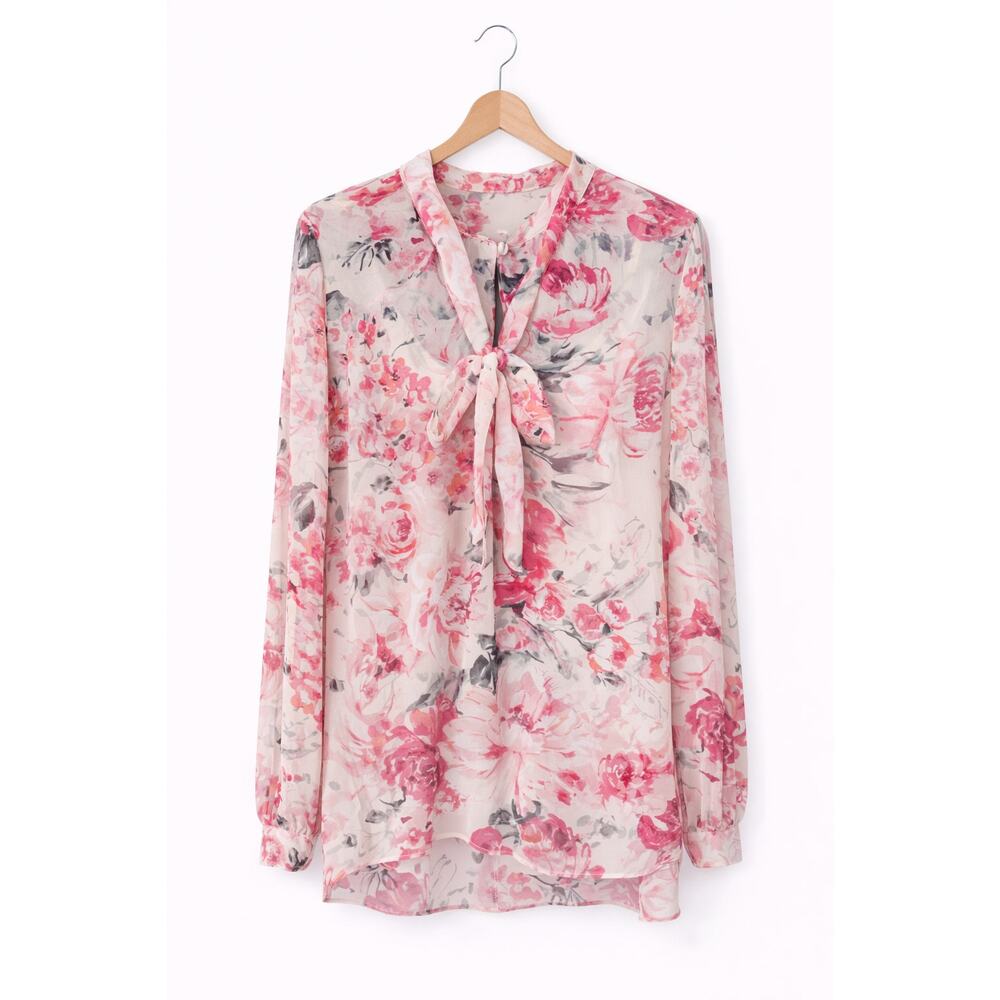 White House Black Market Pink Floral Sheer Blouse EUC Size 2 - Picture 2 of 2